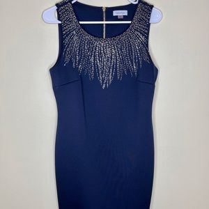 Calvin Klein sheath dress, navy blue embellished, size 10